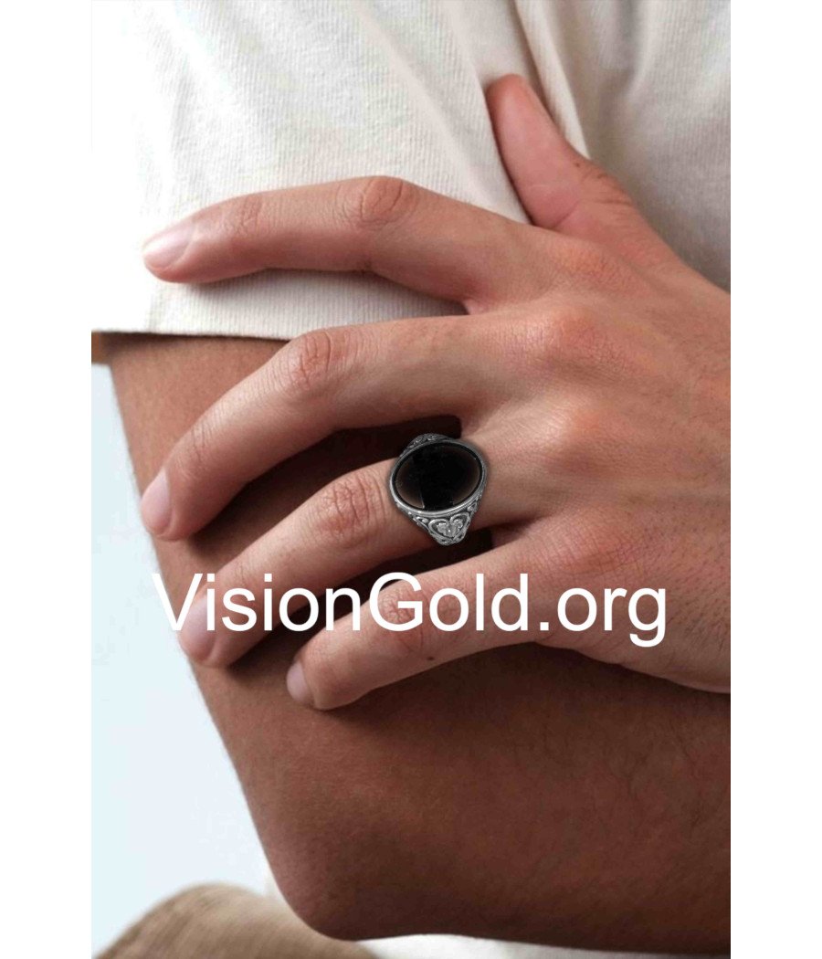 Мужское кольцо с черным ониксом и серебряным кольцом с печаткой