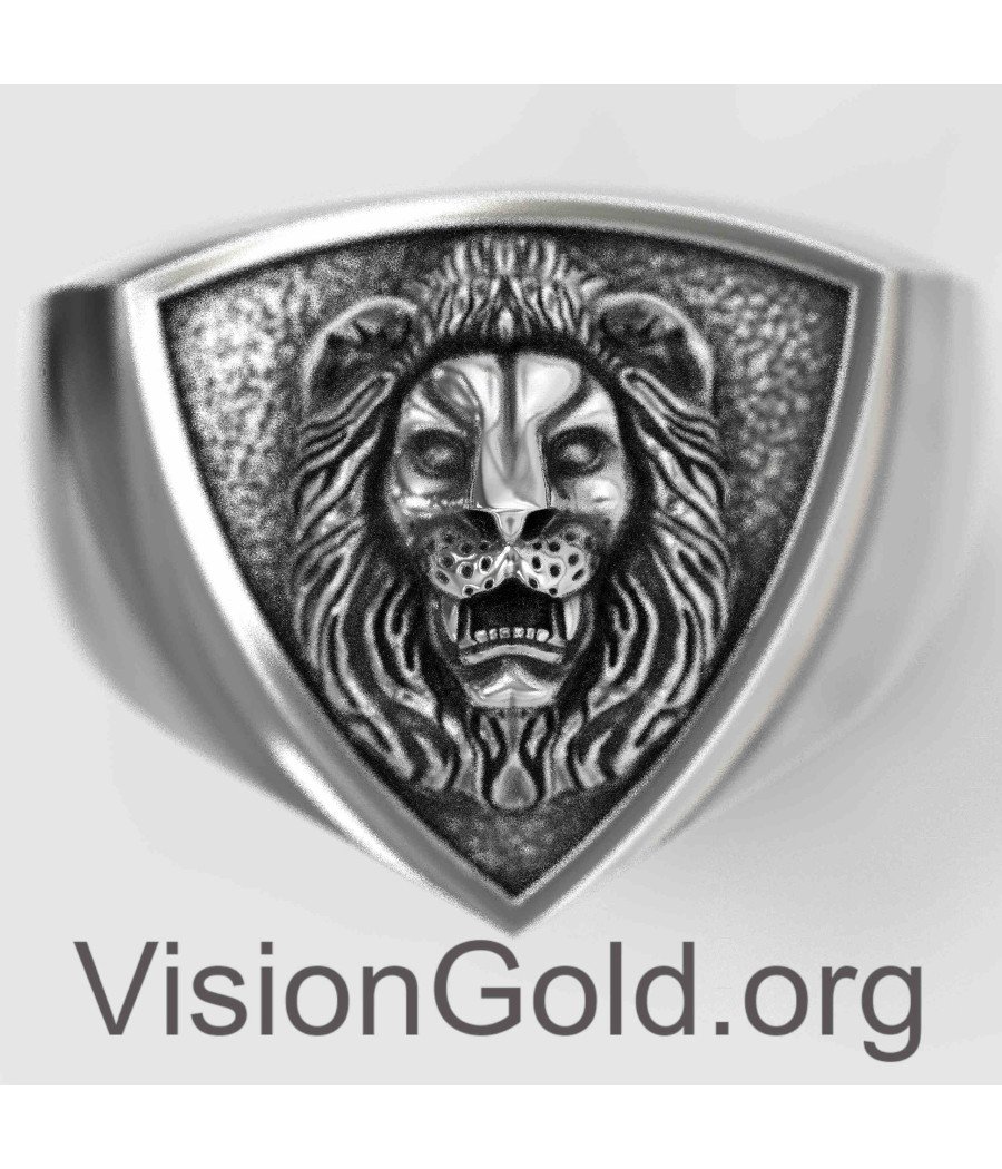 Silver Lion Signet Ring Men 0079