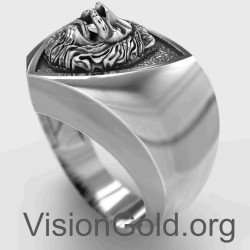 Silver Lion Signet Ring Men 0079