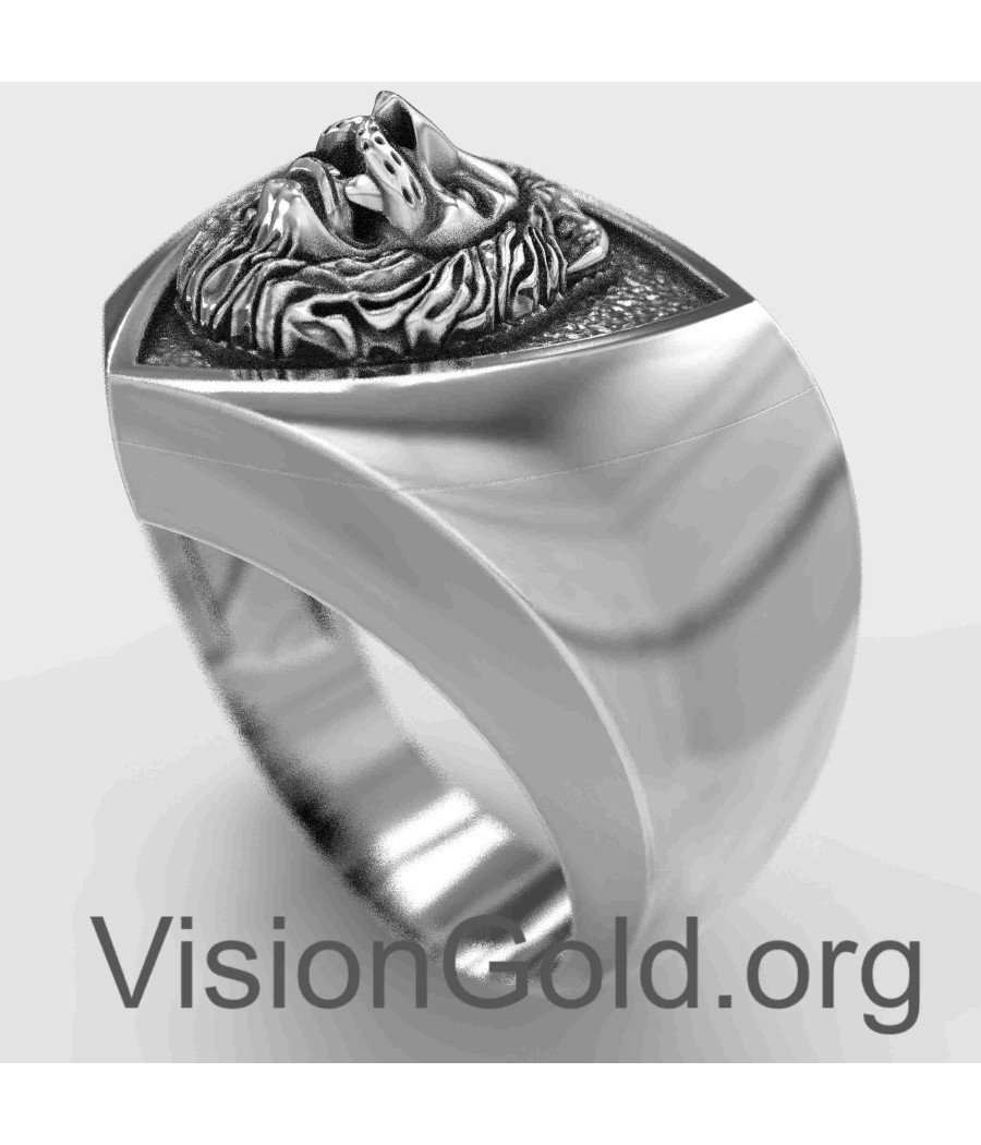 Silver Lion Signet Ring Men 0079