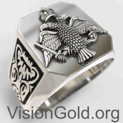 Мужское кольцо-печатка с византийским двуглавым орлом 0099