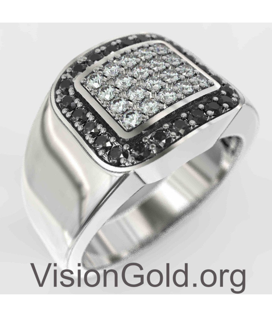 Pave Signet Ring in Sterling Silver Black Stones 0100