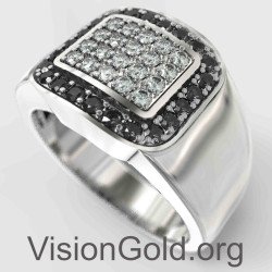 Pave Signet Ring in Sterling Silver Black Stones 0100