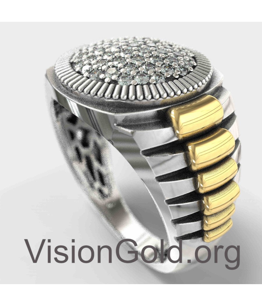 Silver Rolex Style Mens Wedding Gemstone Ring 0104