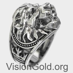 Серебряное кольцо с печаткой и головой льва 0056