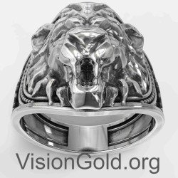 Серебряное кольцо с печаткой и головой льва 0056