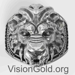 Signet Silver Lion Head Ring 0056