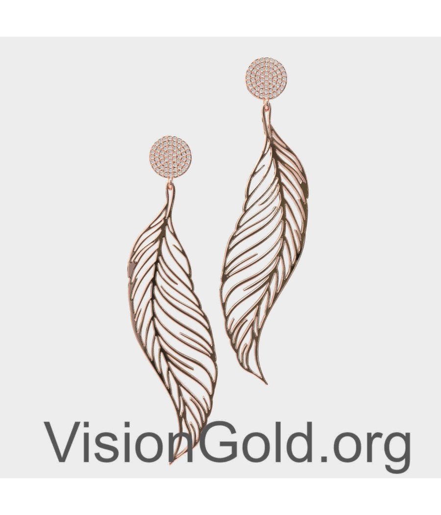 Dangle Long Leaf Earrings In Pink Gold 0276