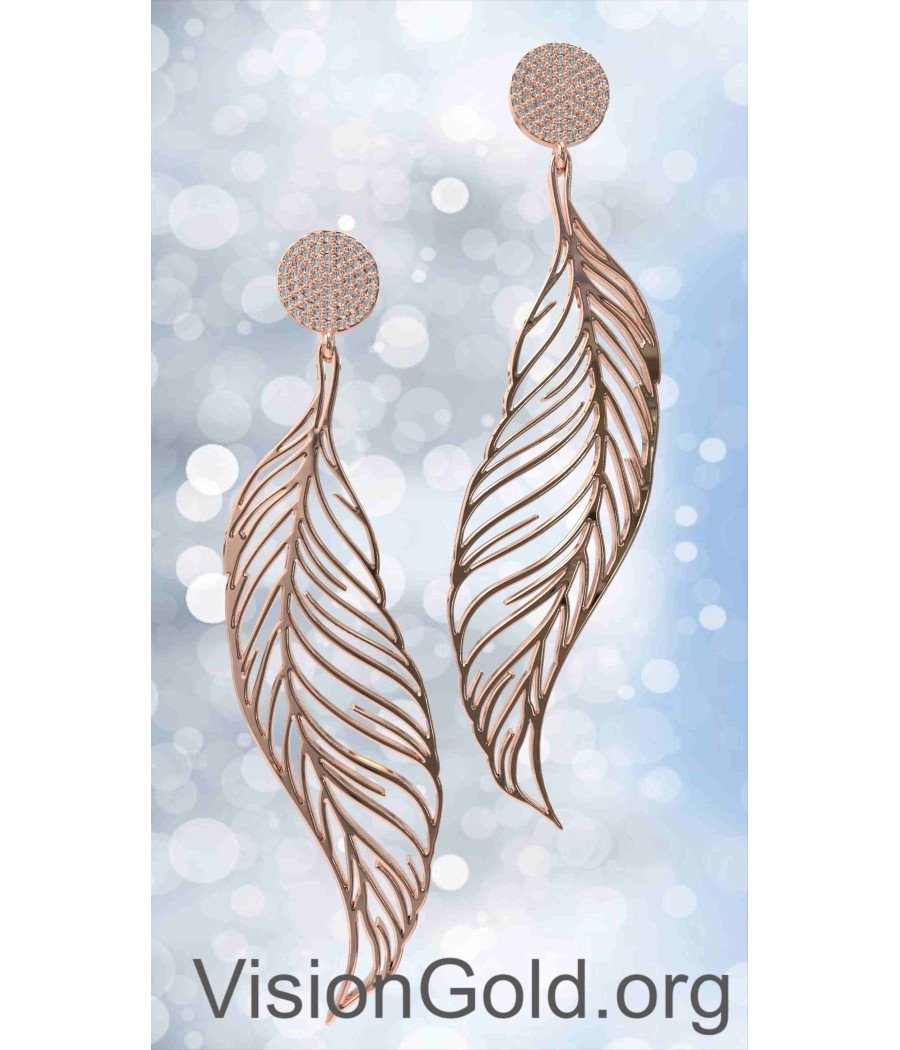 Dangle Long Leaf Earrings In Pink Gold 0276