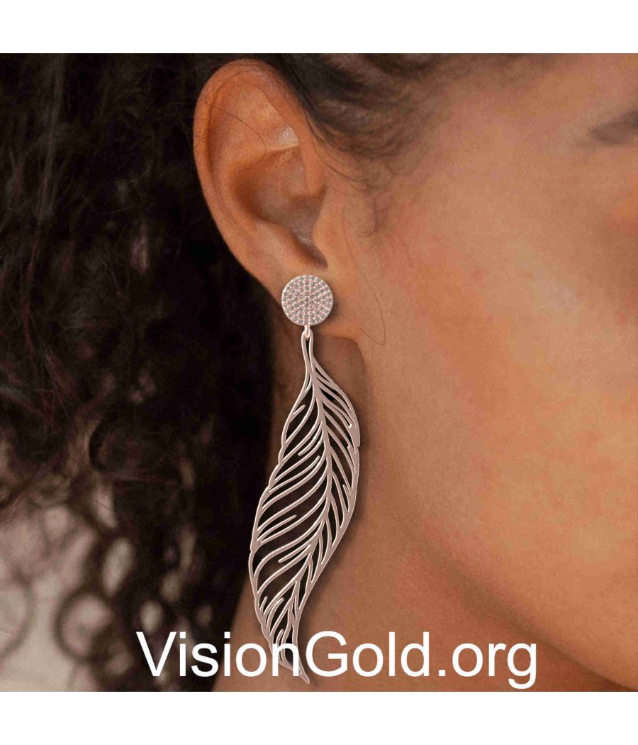 Dangle Long Leaf Earrings In Pink Gold 0276