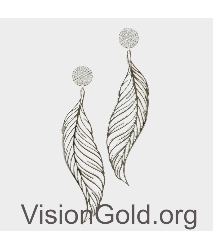 Long Leaf White Gold Silver Earrings 0276