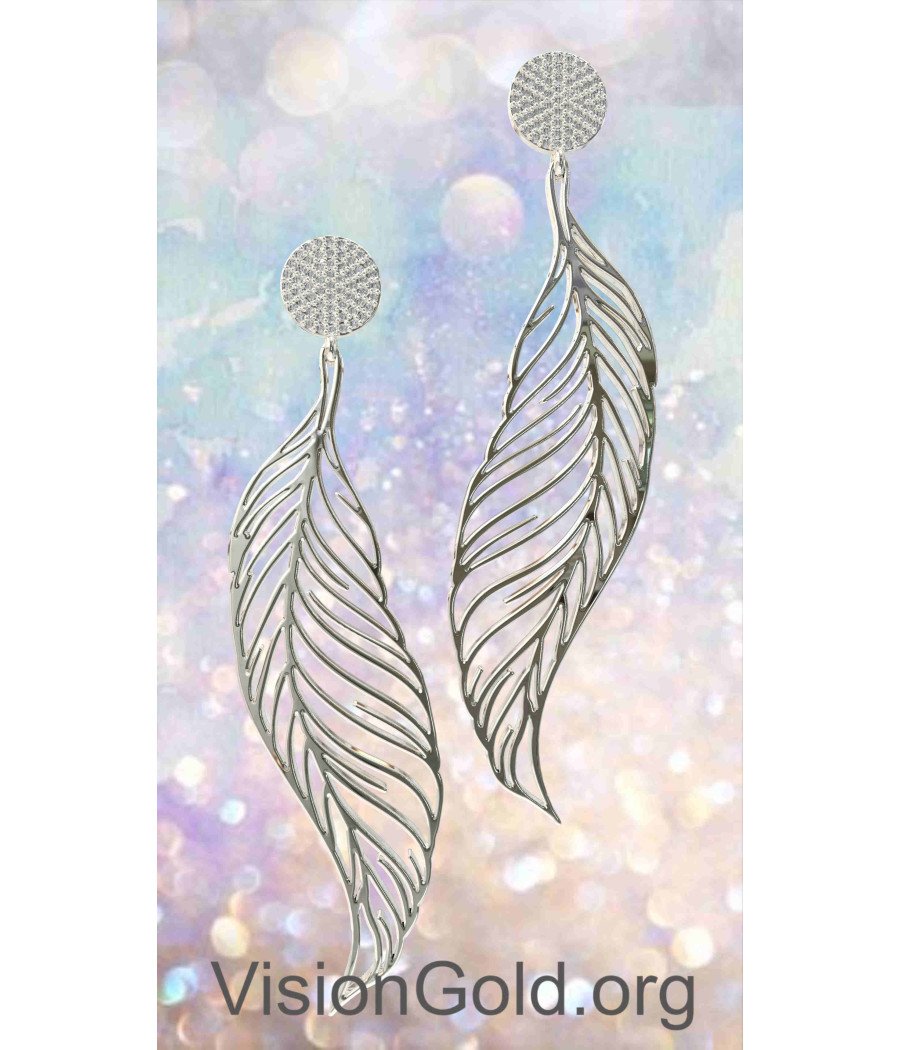 Long Leaf White Gold Silver Earrings 0276