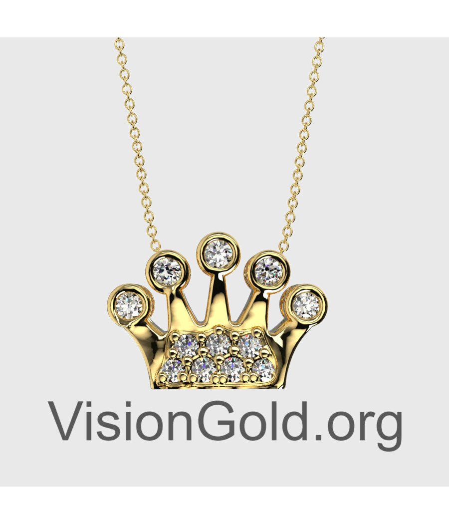 GOLd Crown 14k Pendant Tiara Queen princess cz charm necklace her gift .85