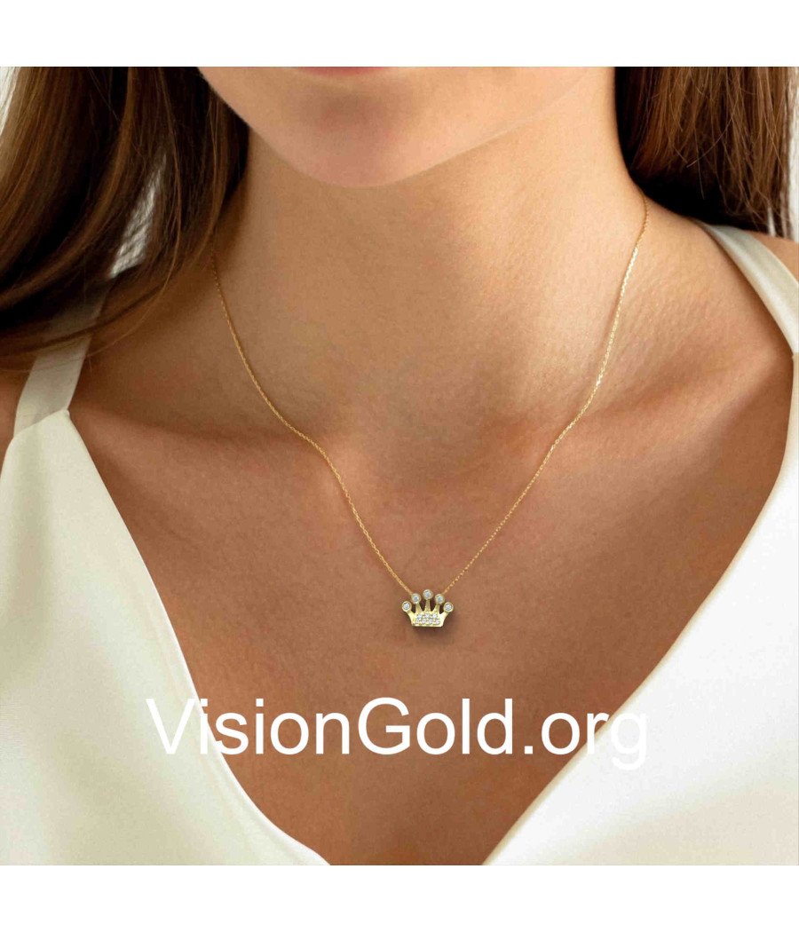 Elegant Yellow Gold Tiny Crown Necklace 0281K