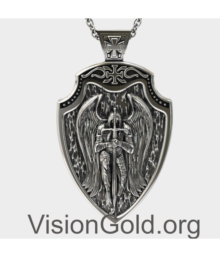 Saint Michael Archangel Shield Silver Necklace 0376