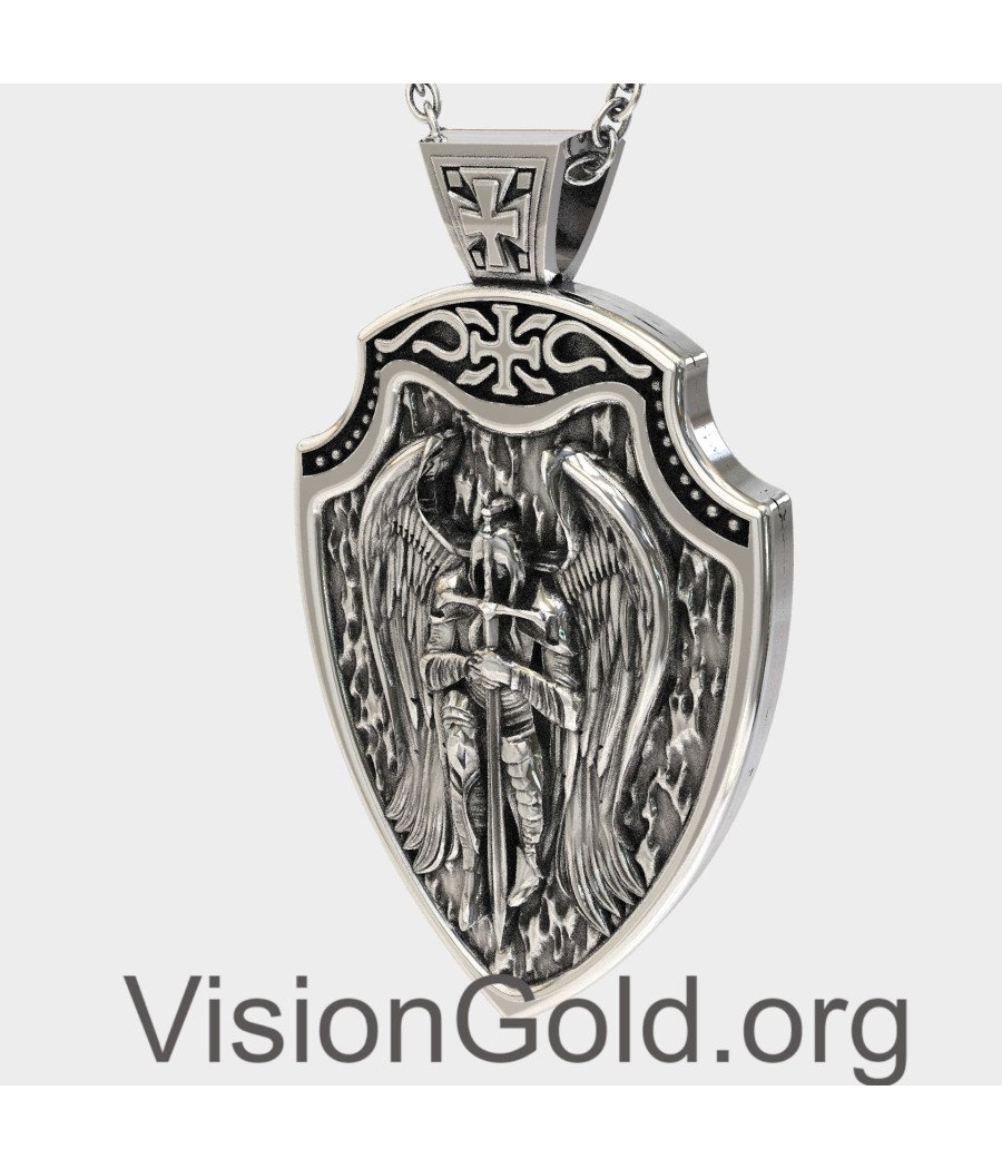 Saint Michael Archangel Shield Silver Necklace 0376