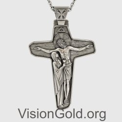 Silbernes Kreuz mit Jesus Christus und Jungfrau Maria 0379
