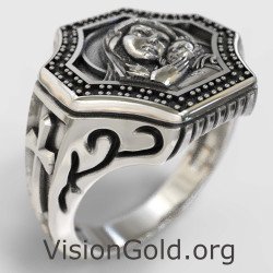 Orthodox Virgin Mary and Jesus Silver Men Ring 0303