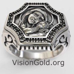 Orthodox Virgin Mary and Jesus Silver Men Ring 0303