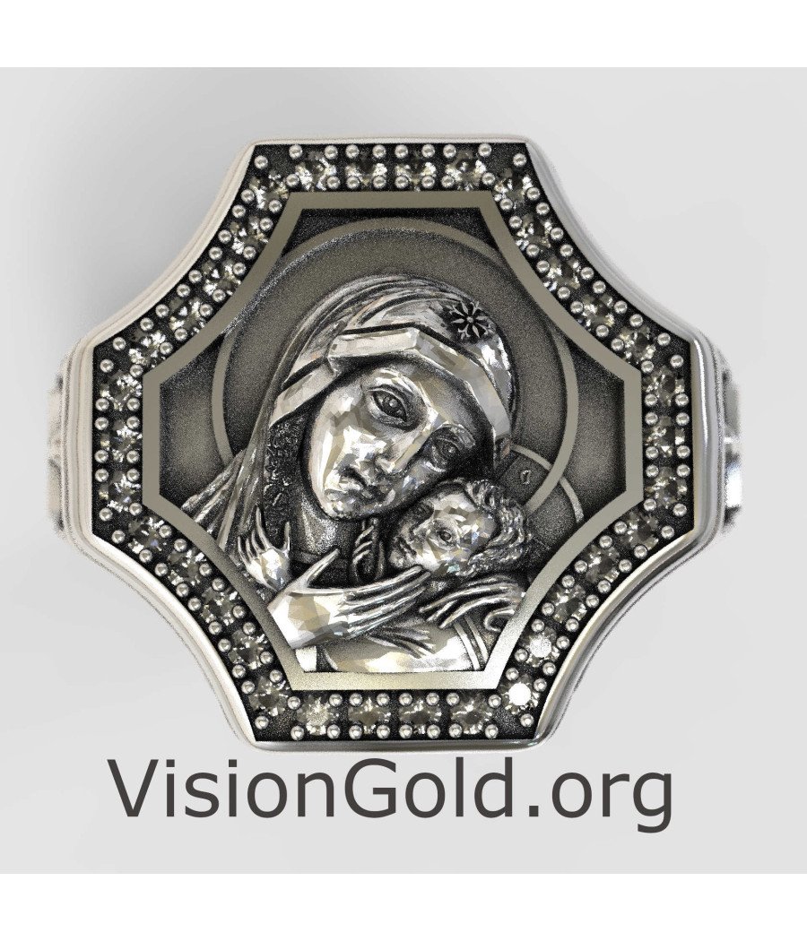 Православное серебряное мужское кольцо с Девой Марией и Иисусом