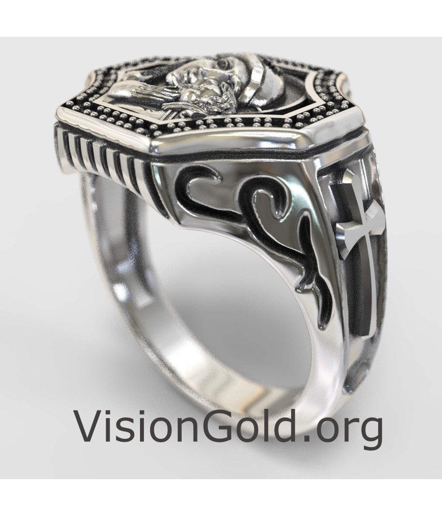 Anillo de plata para hombre de la Virgen María y Jesús