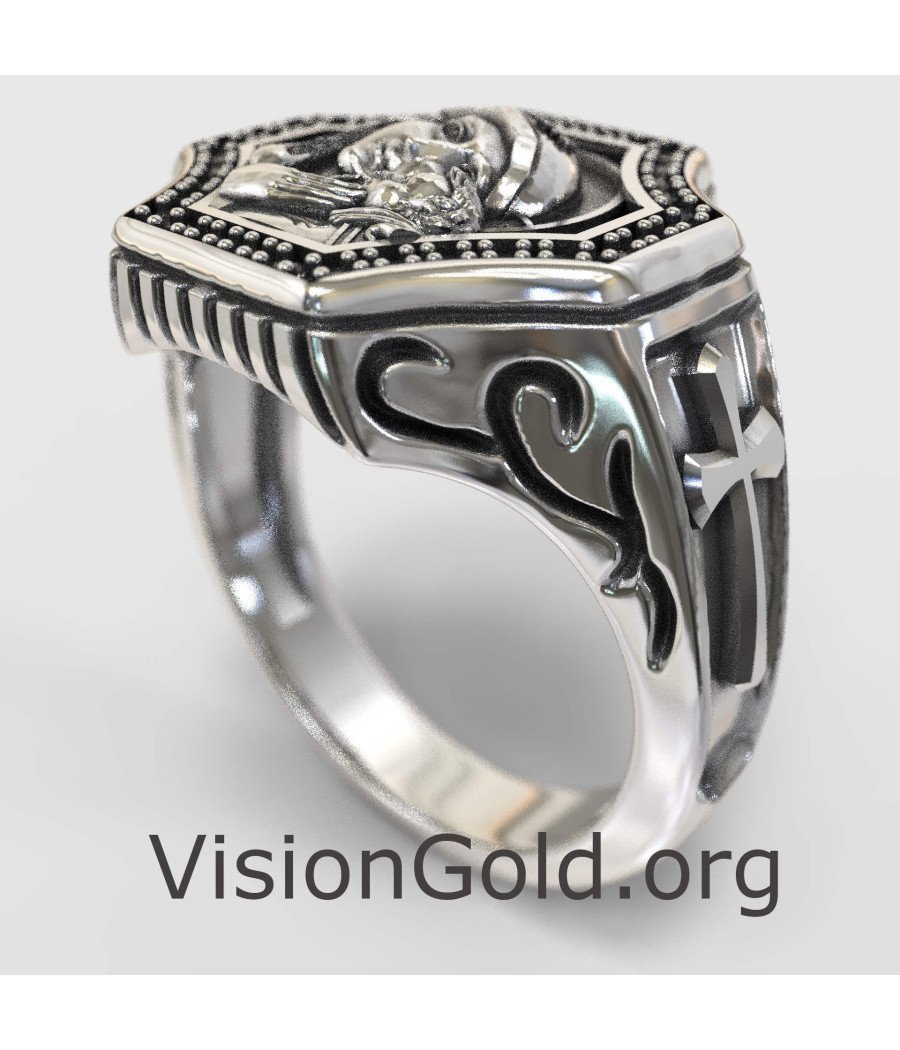 Orthodox Virgin Mary and Jesus Silver Men Ring 0303