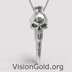 Oxidized Silver Skull Bullet Necklace 0224