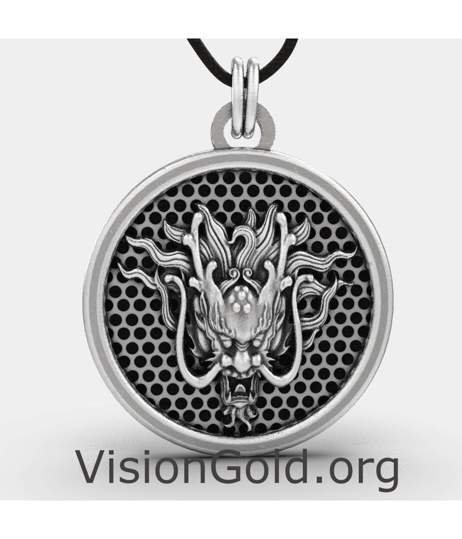 Στρογγυλό Ασημένιο Ανδρικό Κολιέ Δράκος 0089