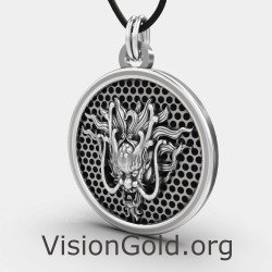 Στρογγυλό Ασημένιο Ανδρικό Κολιέ Δράκος 0089