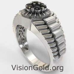 Rolex Link Inspired Men's Ring With Black Stones 0453L