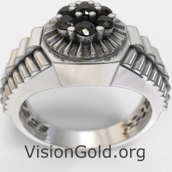 Rolex Link Inspired Men's Ring With Black Stones 0453L