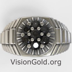 Rolex Link Inspired Men's Ring With Black Stones 0453L