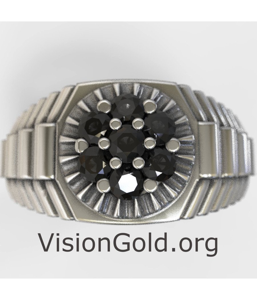 Rolex Link Inspired Men's Ring With Black Stones 0453L