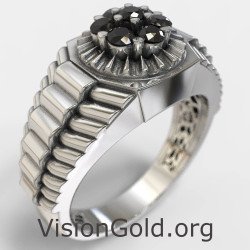 Rolex Link Inspired Men's Ring With Black Stones 0453L