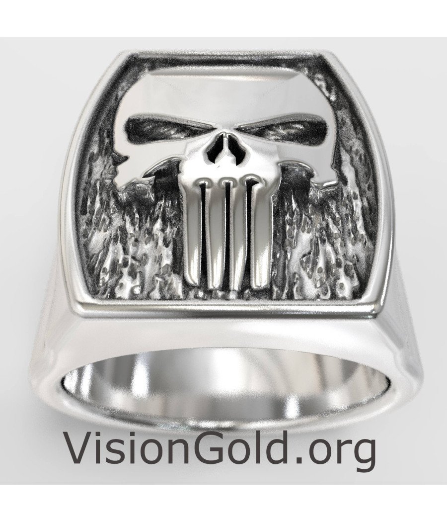 Männer Totenkopf Punisher Oxidiert Silber Ring 0820