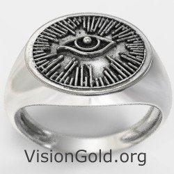 Mens Silver Evil Eye Signet Ring 0846