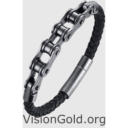 Leather Silver Bicycle Link Chain Men's Bracelets 0027