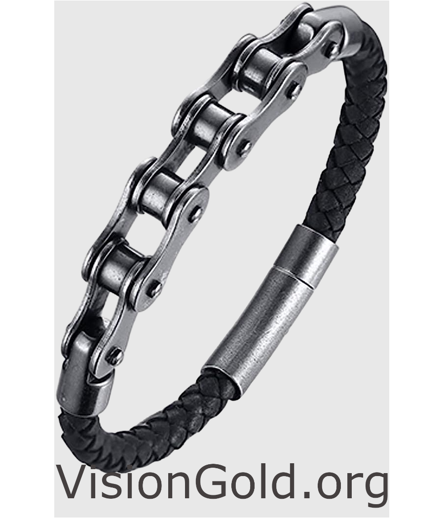 Leather Silver Bicycle Link Chain Men's Bracelets 0027