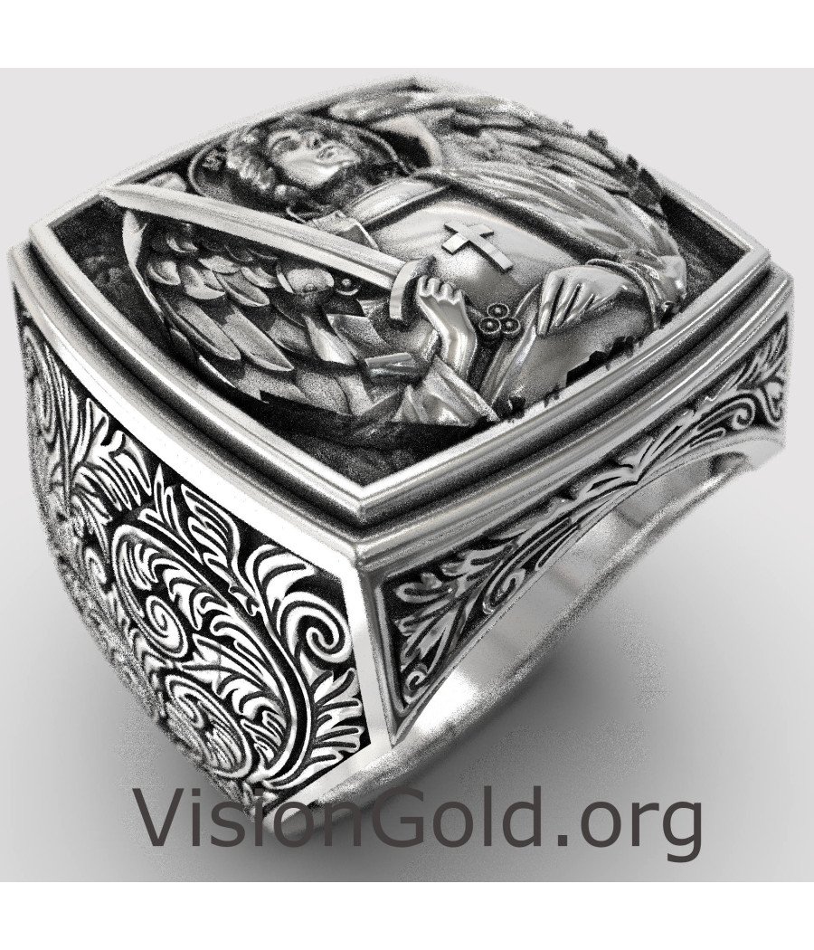 Signet Archangel Saint Michael Engraved Men Ring 0863