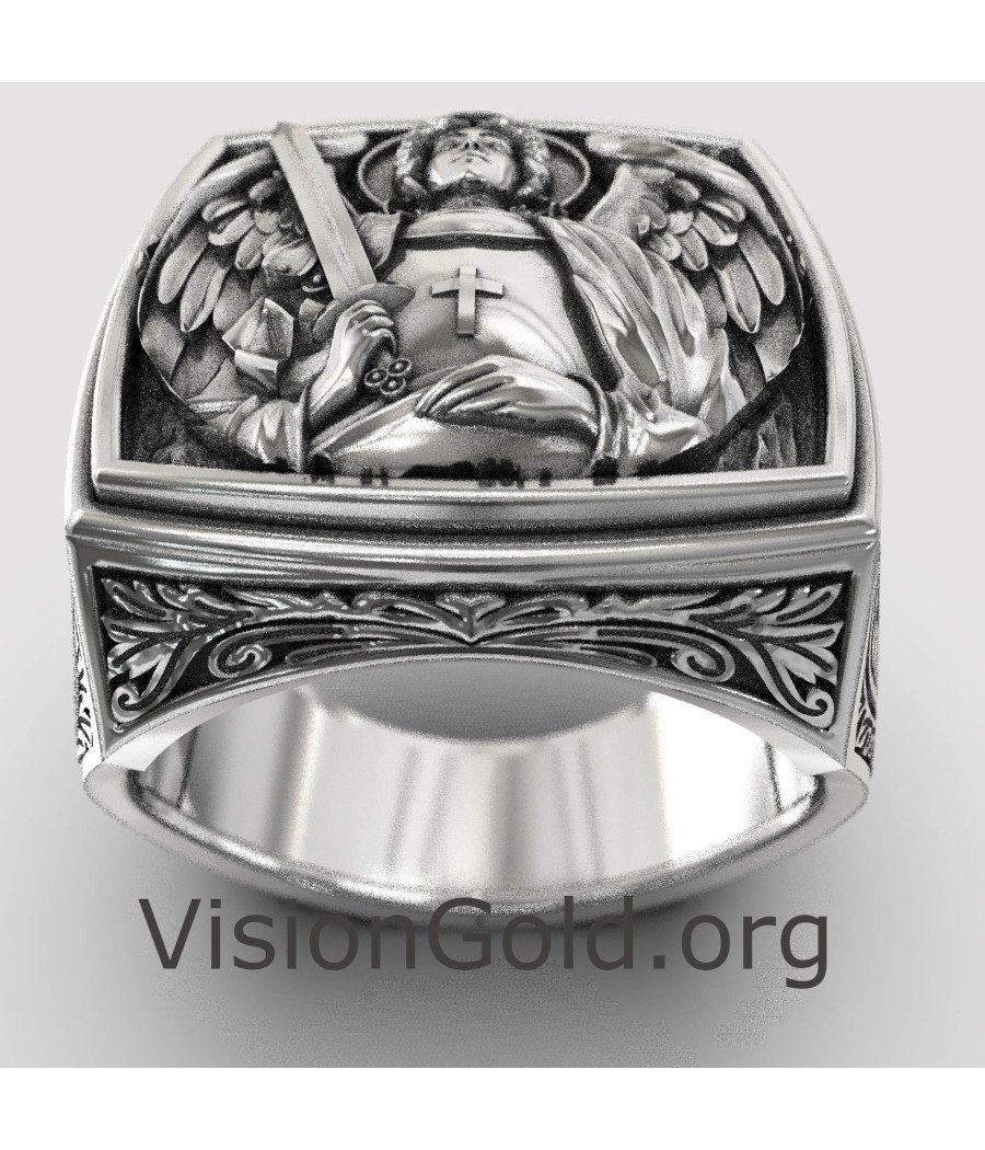 Signet Archangel Saint Michael Engraved Men Ring 0863