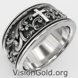 Серебряное мужское кольцо с гравировкой и крестом 0865
