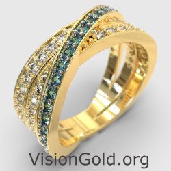 Γυναικείο Δαχτυλίδι Κίτρινό Χρυσό Με Πράσινες Και Λευκές Πέτρες 1033K