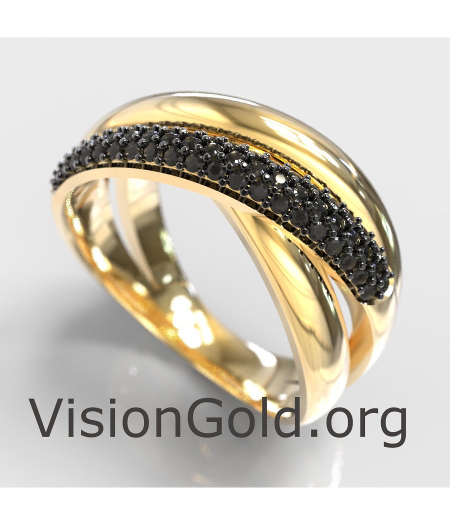 Crisscross Silver Ring With Black Stones In Gold 1319KM