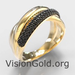 Ασημένιο Δαχτυλίδι Με Μαύρες Πέτρες Σε Χρυσό 1319KM