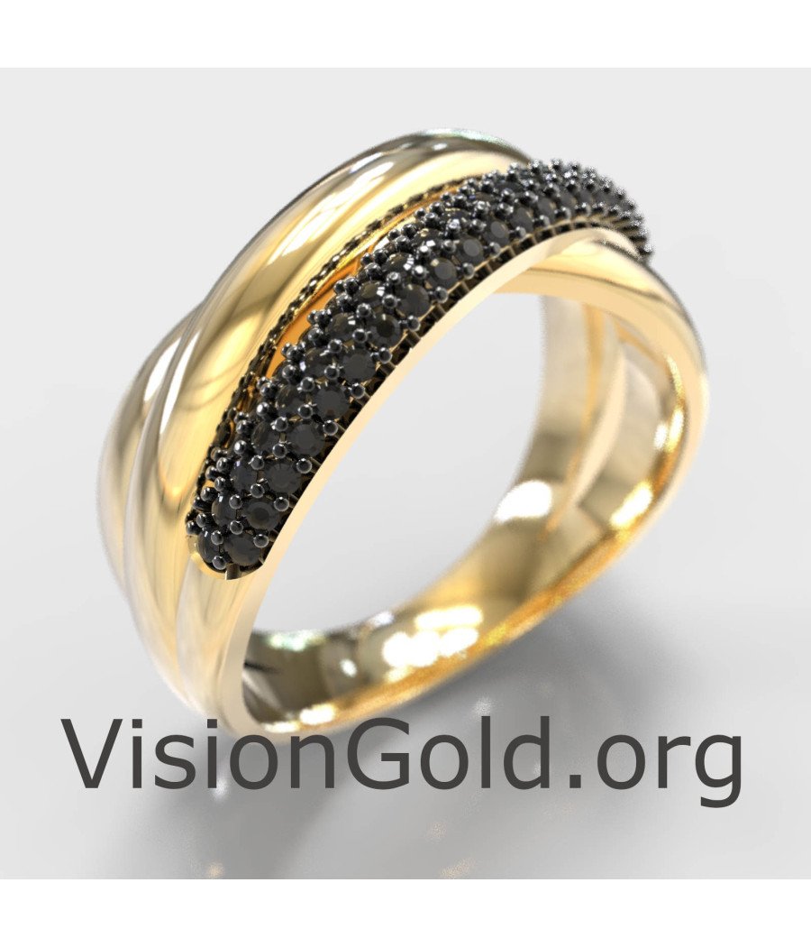 Crisscross Silver Ring With Black Stones In Gold 1319KM