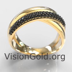 Crisscross Silver Ring With Black Stones In Gold 1319KM