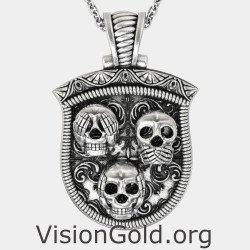 Silver Skull Pendant Necklace Medallion 0424