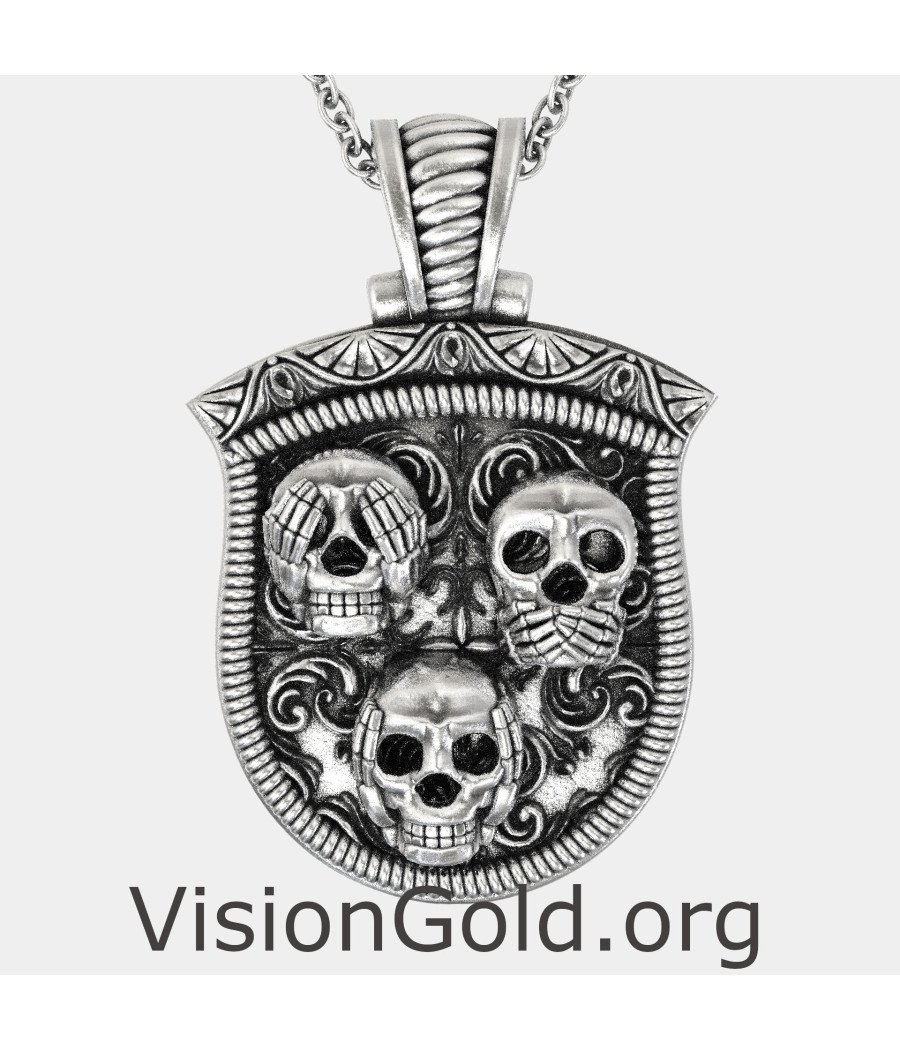 Silver Skull Pendant Necklace Medallion 0424