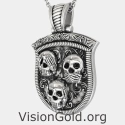 Silver Skull Pendant Necklace Medallion 0424