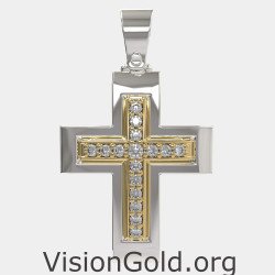 Dos tonos de oro Bautizo Religión Cruz Colgante Collar 0042LK